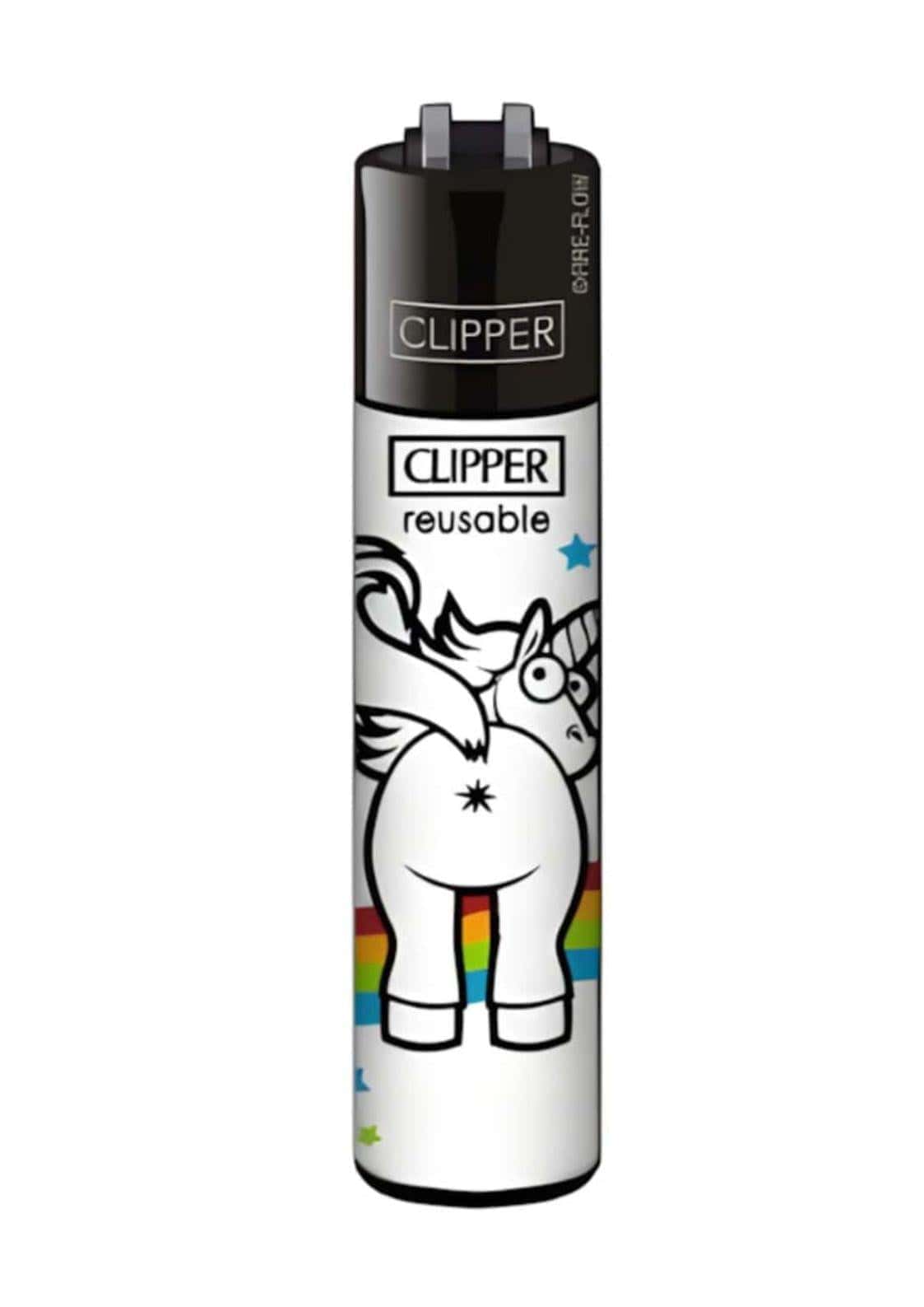 Weiß-schwarzes original clipper feuerzeug butthole unicorn mit cartoon einhorn und regenbogenstreifen unten